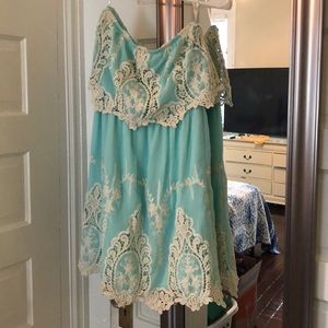 Strapless teal & lace dress